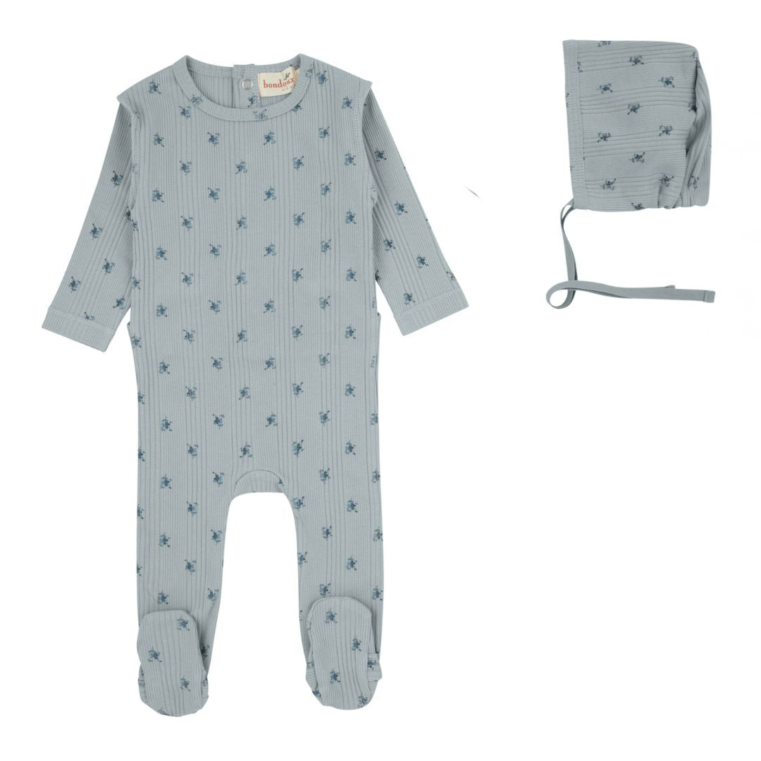 Floral Ribbed Soft Blue Footie