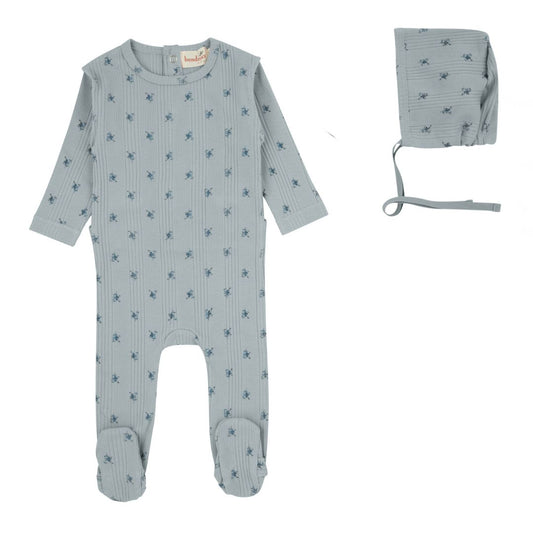 Light blue floral ribbed baby footie with long sleeves and footed legs