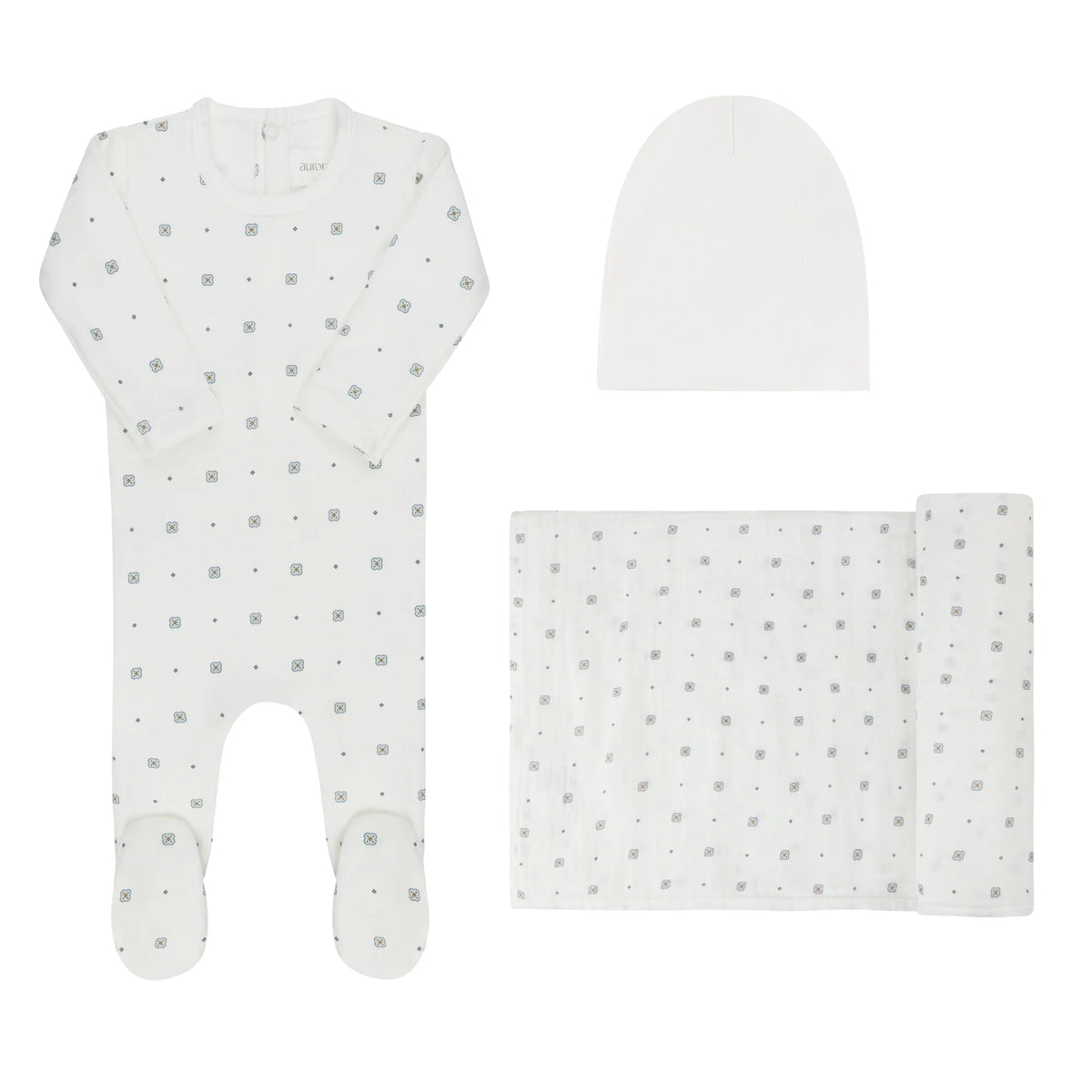 White geometric print take-me-home set with hat and matching folded blanket