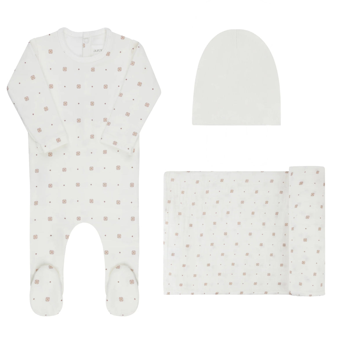 White geometric print footed romper set with matching hat and folded blanket