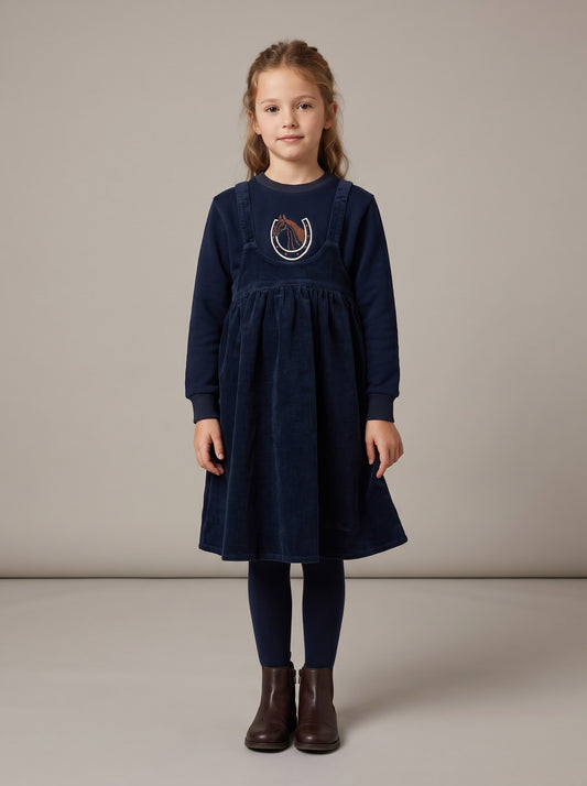 Girls navy long-sleeve jumper dress with horse emblem, with matching leggings