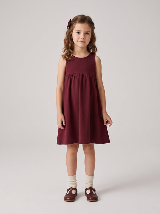 Sleeveless maroon French terry jumper dress for kids, round neckline