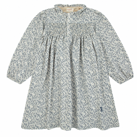 Navy print corduroy long-sleeve dress with gathered yoke and smocked neckline