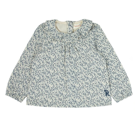 Girls printed ruffle top, light blue with dark navy-style speckle, long sleeves