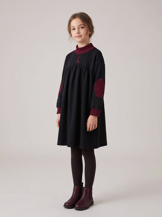 Girls navy dress with burgundy collar, long sleeves, chest A graphic, flared skirt