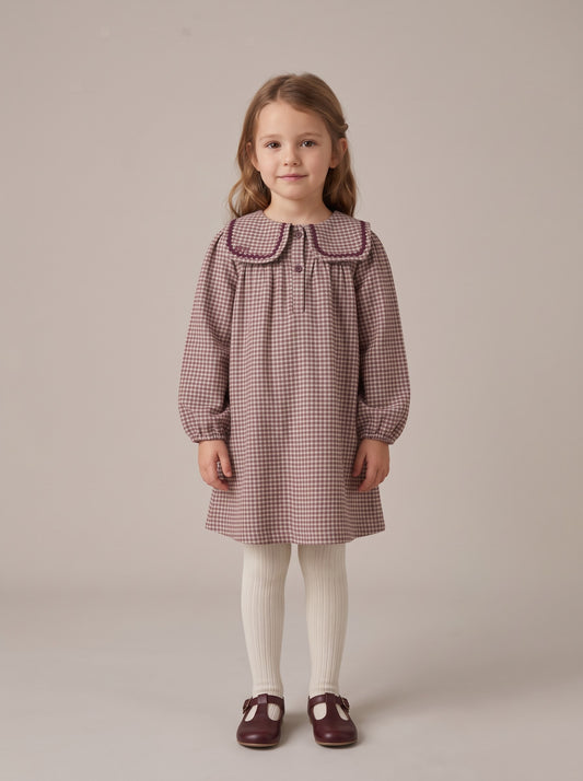 Plaid velvet long-sleeve dress with rickrack trim and Peter Pan-style collar