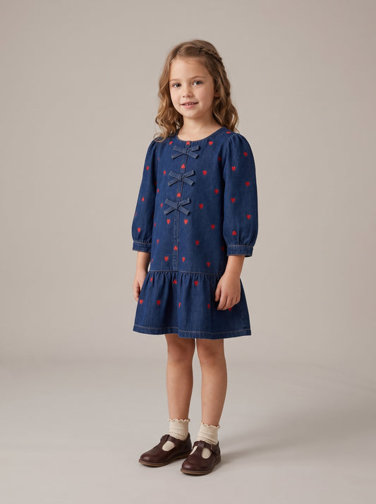 Girls denim dress with red heart print, long sleeves, tiered skirt
