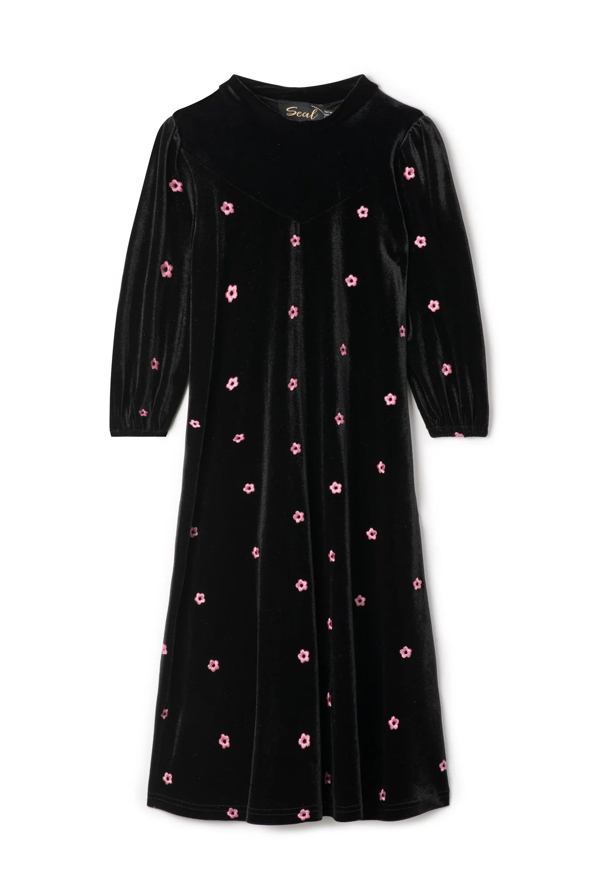 Girls long-sleeve dress, black with pink floral bow print, elastic cuffs