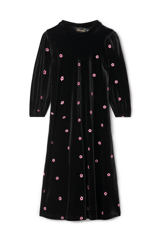 Girls long-sleeve dress, black with pink floral bow print, elastic cuffs