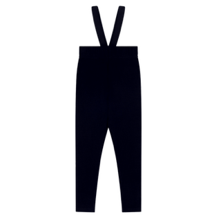 Navy suspender-style leggings with two adjustable suspender straps