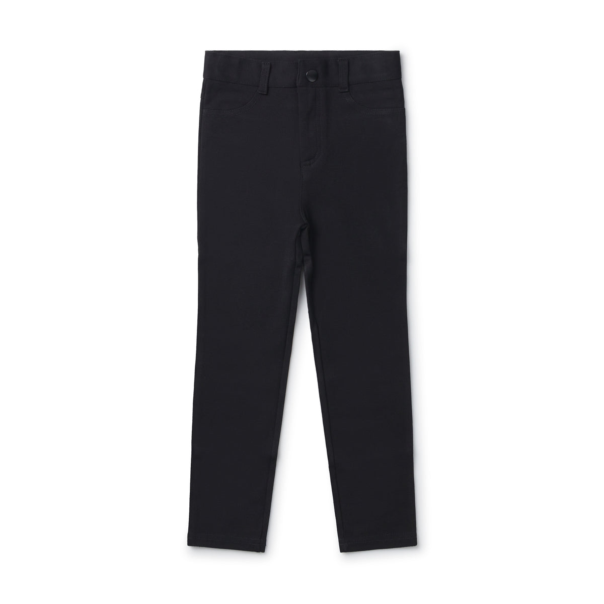 Black ponte pants with button front and straight leg