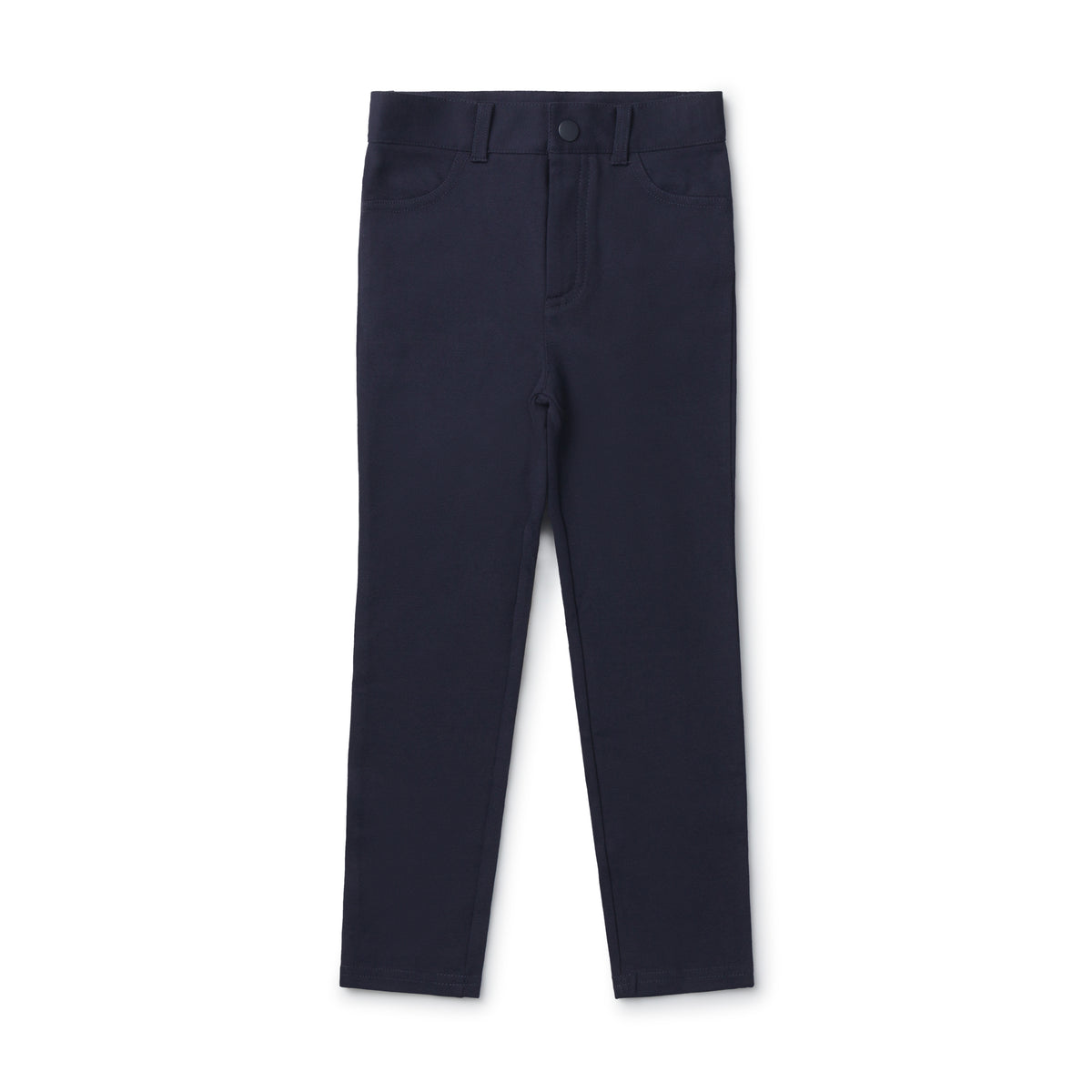 Navy ponte pants with button front and straight leg
