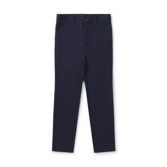 Navy ponte pants with button front and straight leg