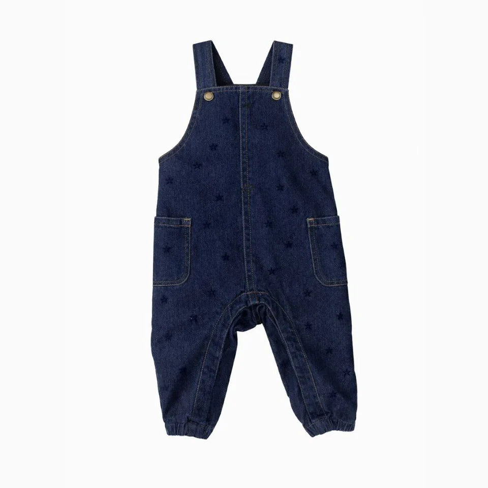 Dark blue denim overalls with small allover dark print, two front pockets