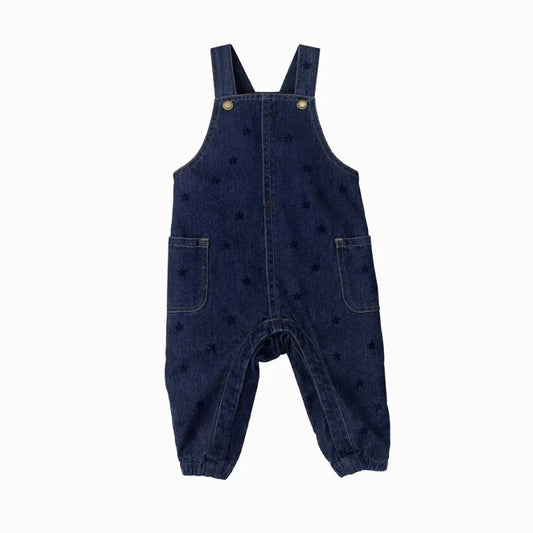 Dark blue denim overalls with small allover dark print, two front pockets
