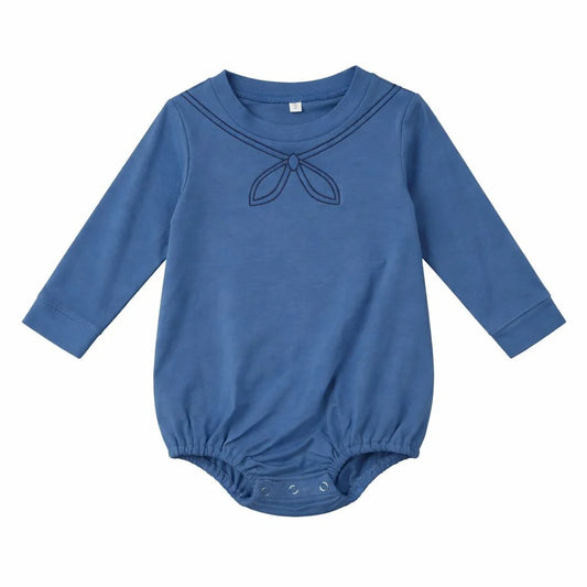 Blue sailor-style long-sleeve romper with bow applique and snap bottom