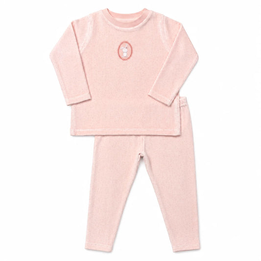 Pink bunny pin dot pajama set with long-sleeve top and matching leggings