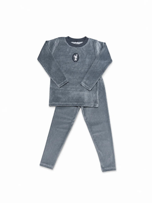 Blue-gray bunny pin dot pajama set, long-sleeve top and matching leggings