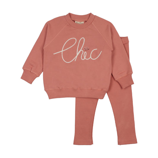 Rose crewneck sweatshirt and jogger set with 'chic' script graphic