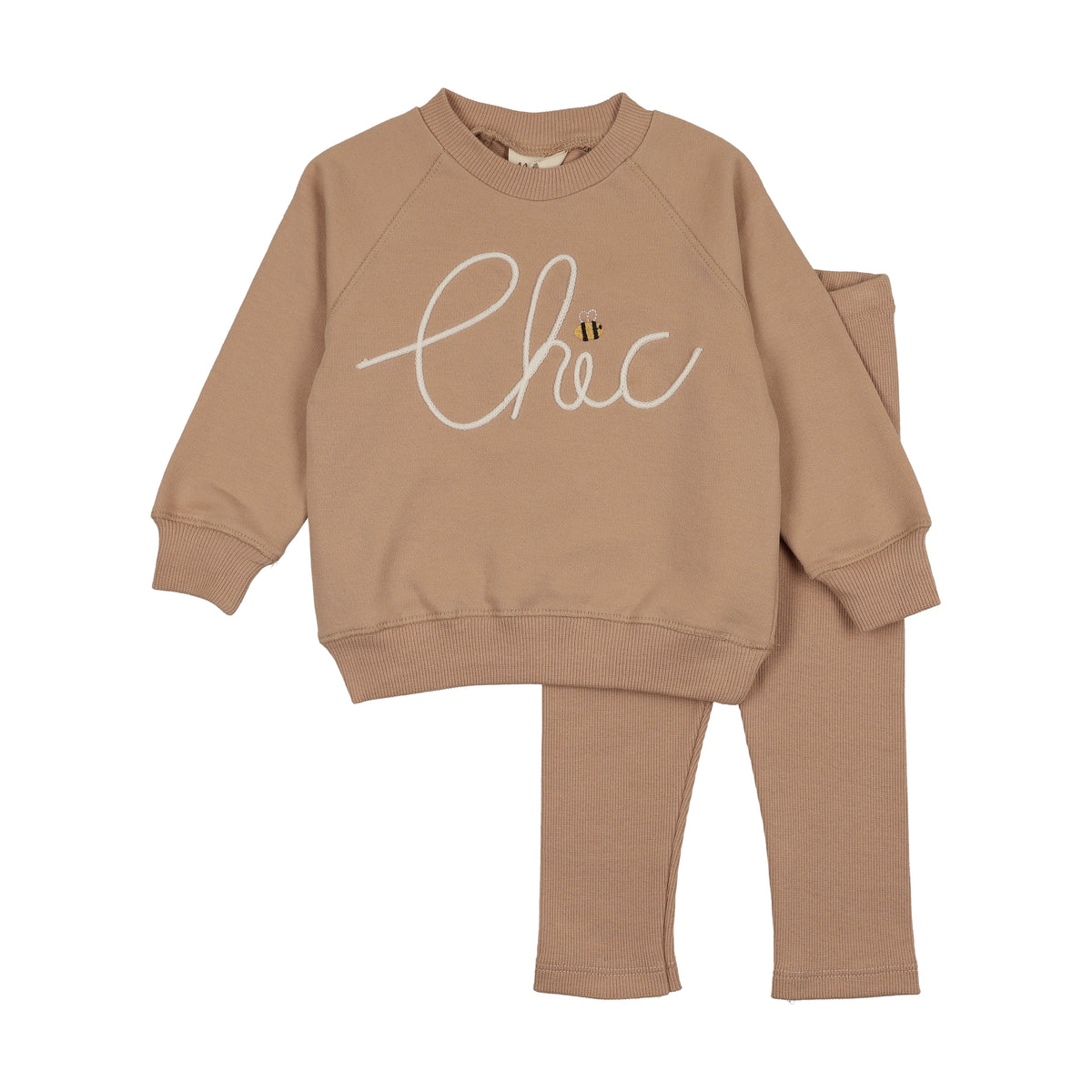 Beige crewneck sweatshirt and jogger set with 'chic' script graphic