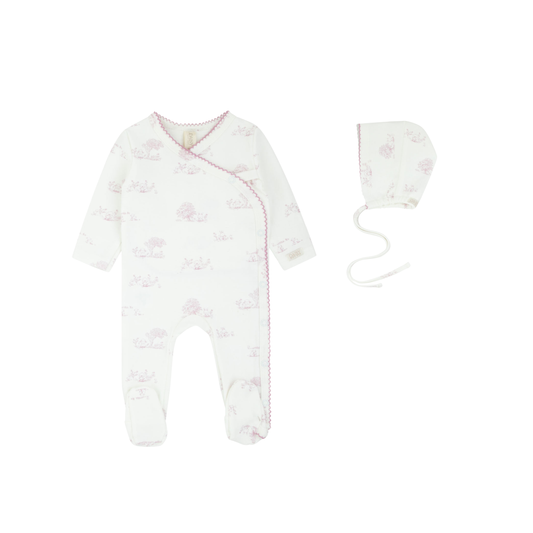 Toile All Print Kimono Footie - Pink