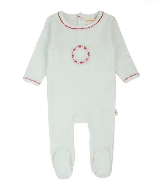 Bow velour footie white & red
