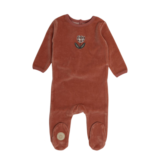 Girls' terracotta footie pajama with long sleeves and bunny graphic on chest