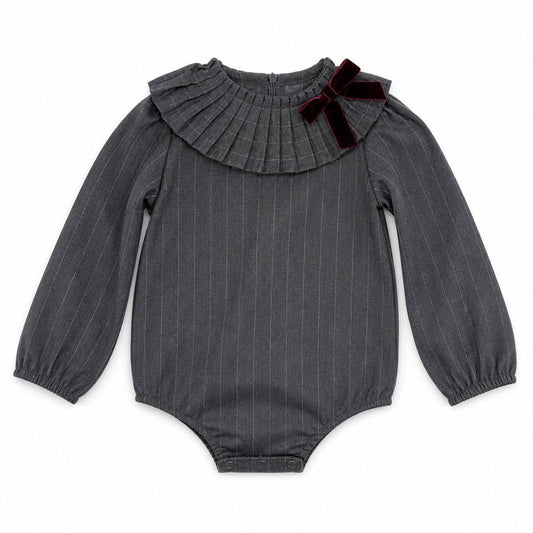 Dark gray pinstriped long-sleeve romper with ruffled neckline and burgundy bow