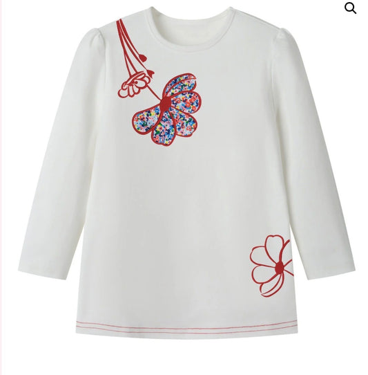White T-Shirt Floral Denim Appliqu'e
