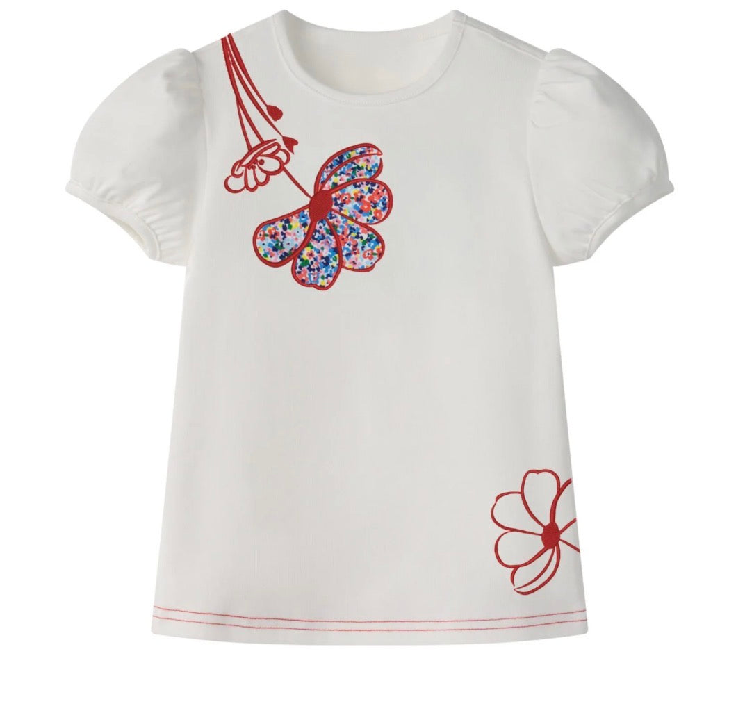 White T-Shirt Short Floral Denim Appliqu'e Short Sleeve
