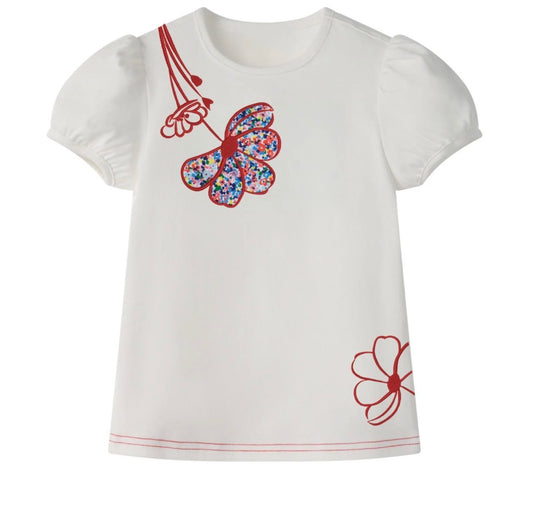 White T-Shirt Short Floral Denim Appliqu'e Short Sleeve