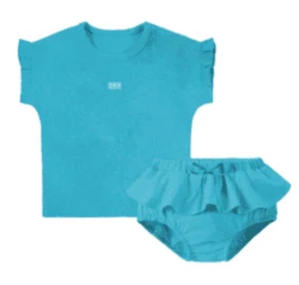 Teal Blue Acid Wash Girls 2piece Set Shorts