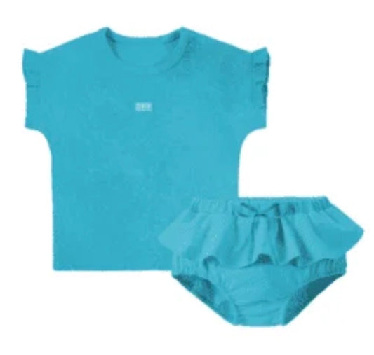 Teal Blue Acid Wash Girls 2piece Set Shorts
