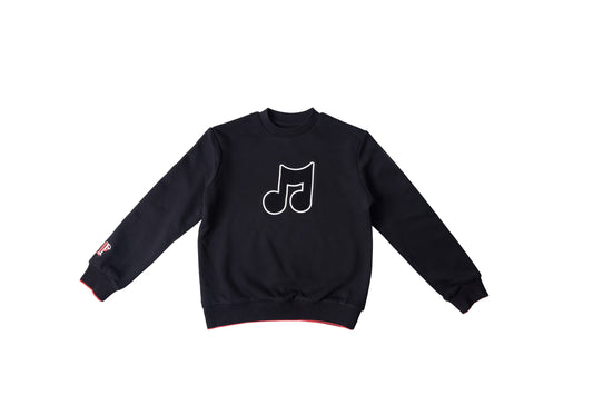 Melody and Muse sweatshirt, dark crewneck with white music note graphic