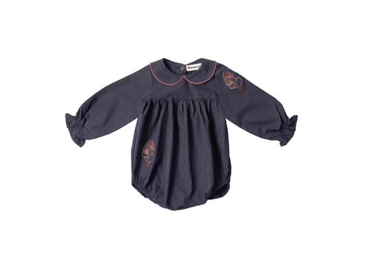 Navy long-sleeve romper with Peter Pan collar and embroidered botanical sleeves