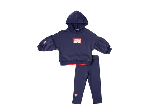Girls navy hoodie and jogger set with red trim and embroidered patch