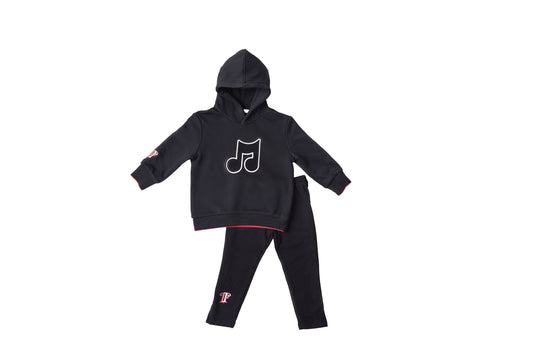 Boys 2-piece set: black hoodie with red-trim logo, matching joggers