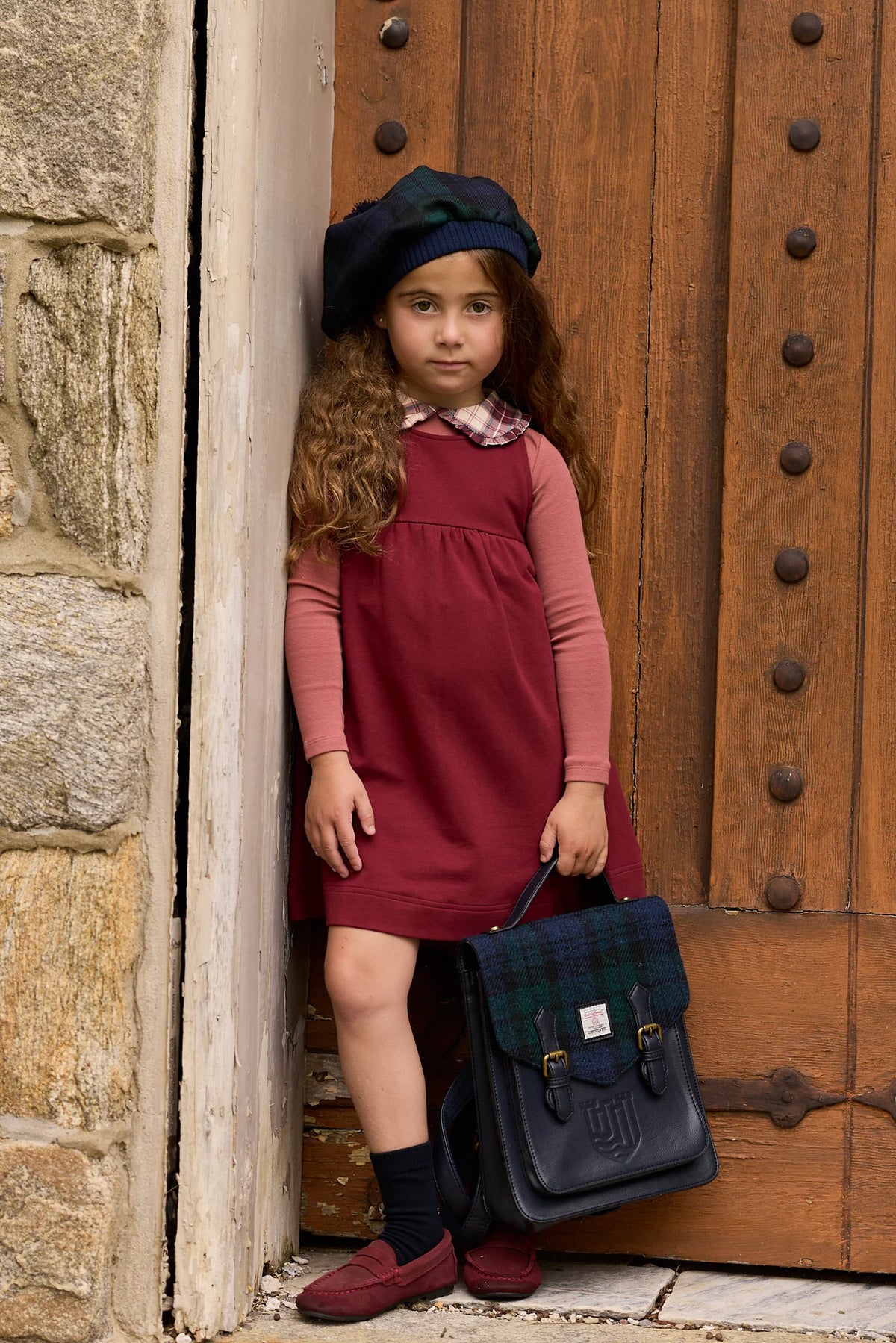 Long-sleeve t-shirt with plaid collar, dusty rose