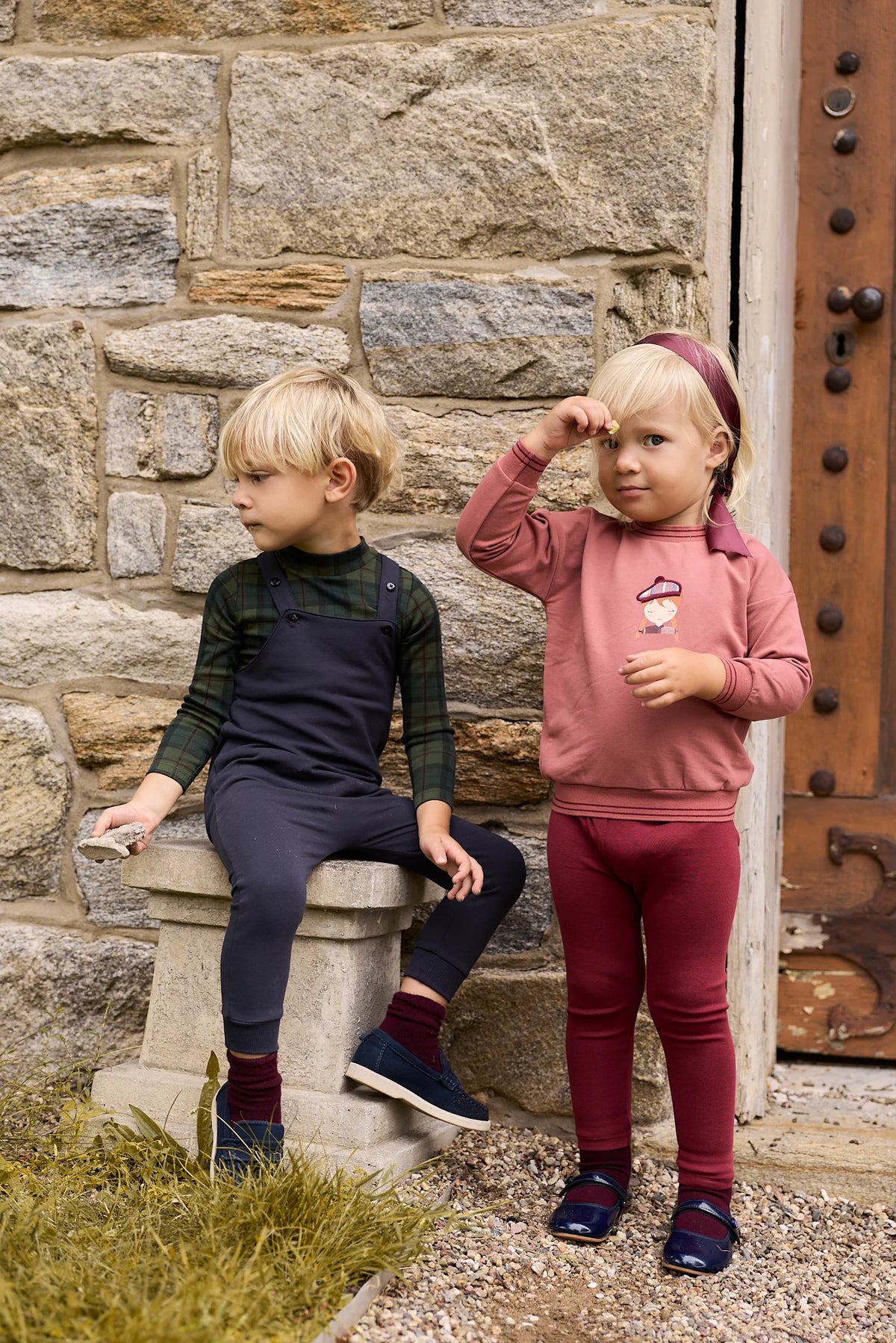 Navy overalls set with plaid collar and long sleeves on child