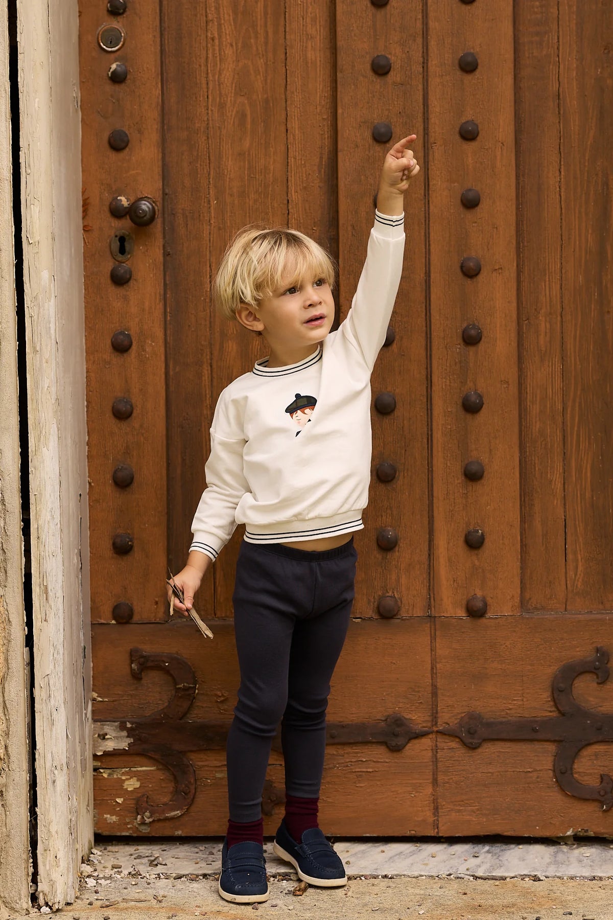 Children’s French terry 2-piece set, ivory top with navy pants and striped cuffs