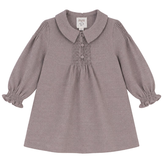 Wool dress with smocked bodice, Peter Pan collar, button front, long puff sleeves
