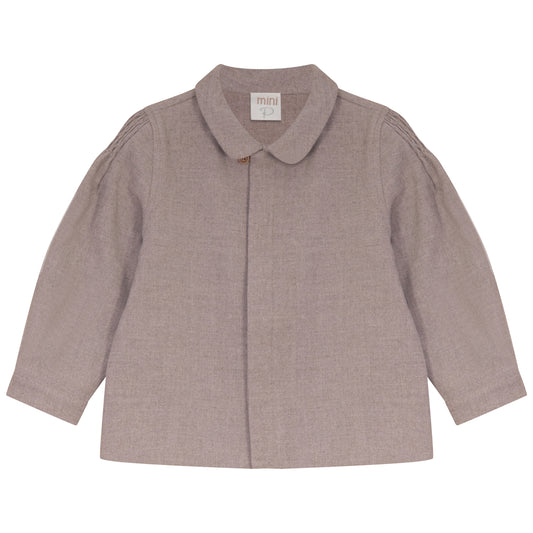 Gray button-up shirt with pointed collar and elbow-length sleeves