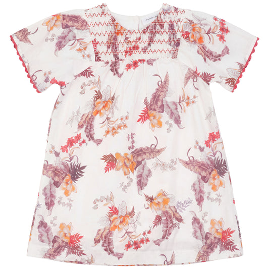 Girls Floral Print Dress With Smocked Yoke