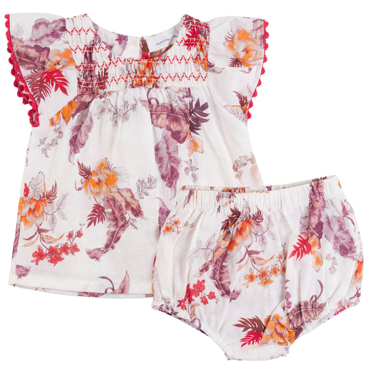 Floral Print Baby Girl Set With Smocked Front Yoke