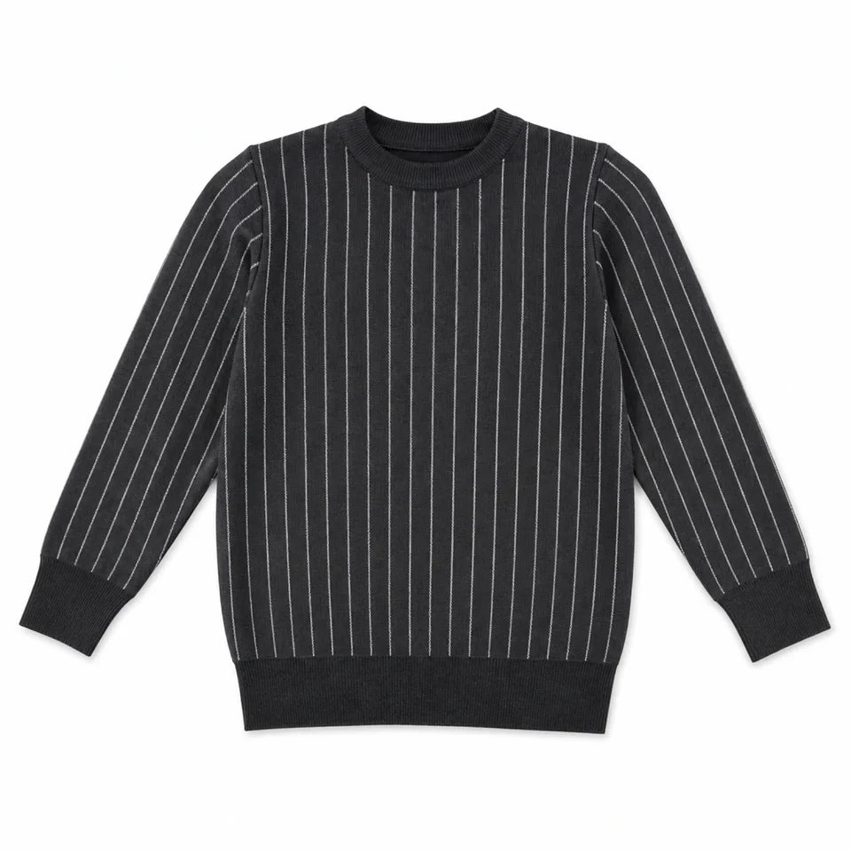Boys pin-striped crewneck sweater, dark knit with thin vertical light stripes