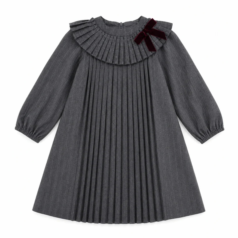 Charcoal pin-striped long-sleeve dress with ruffled neckline and dark red collar bow