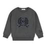 Dark gray sweatshirt with crew neck and circular logo graphic on chest