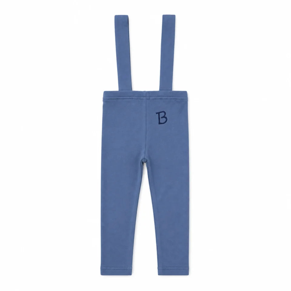 Blue sailor overalls with front bib and adjustable straps, button closure
