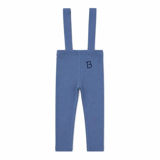 Blue sailor overalls with front bib and adjustable straps, button closure