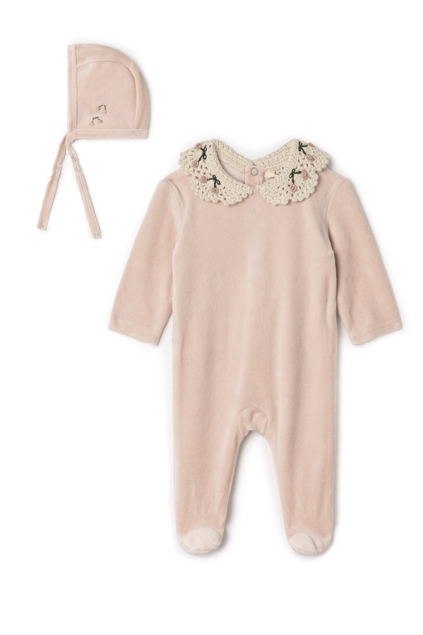 Velour baby romper set with crochet net collar
